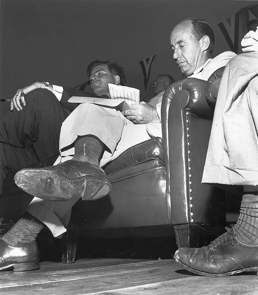 Candidate Adlai Stevenson in 1952 with a hole in the sole of his right shoe, in William M. Gallagher's Pulitzer Prize-winning photo