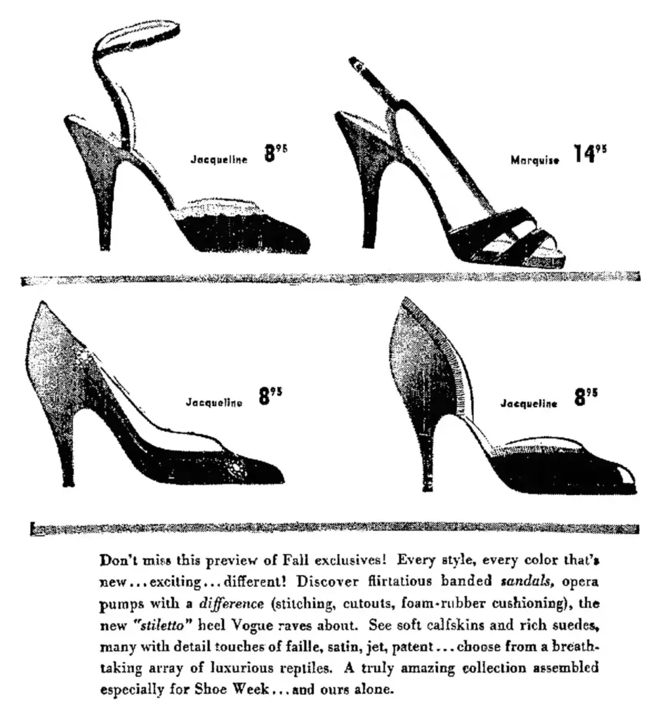 Anuncio de prensa de 1952 de zapatos de salón y sandalias con el nuevo tacón de aguja