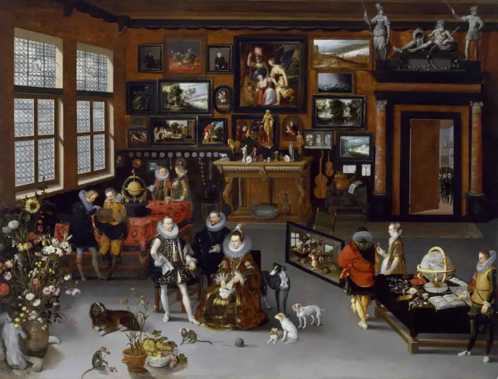 Los archiduques Alberto e Isabel Clara Eugenia visitando el gabinete de un coleccionista, de Jan Brueghel el Viejo y Hieronymus Francken II