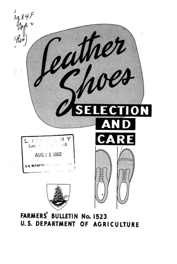 Portada del Farmers' Bulletin 1523 del Departamento de Agricultura de Estados Unidos, «Leather Shoes: Selection and Care», revisado en 1952