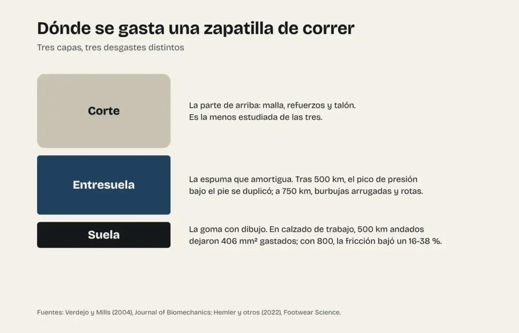 Esquema de las tres capas de una zapatilla de correr y cómo se gasta cada una: el corte, la entresuela de espuma y la suela de goma