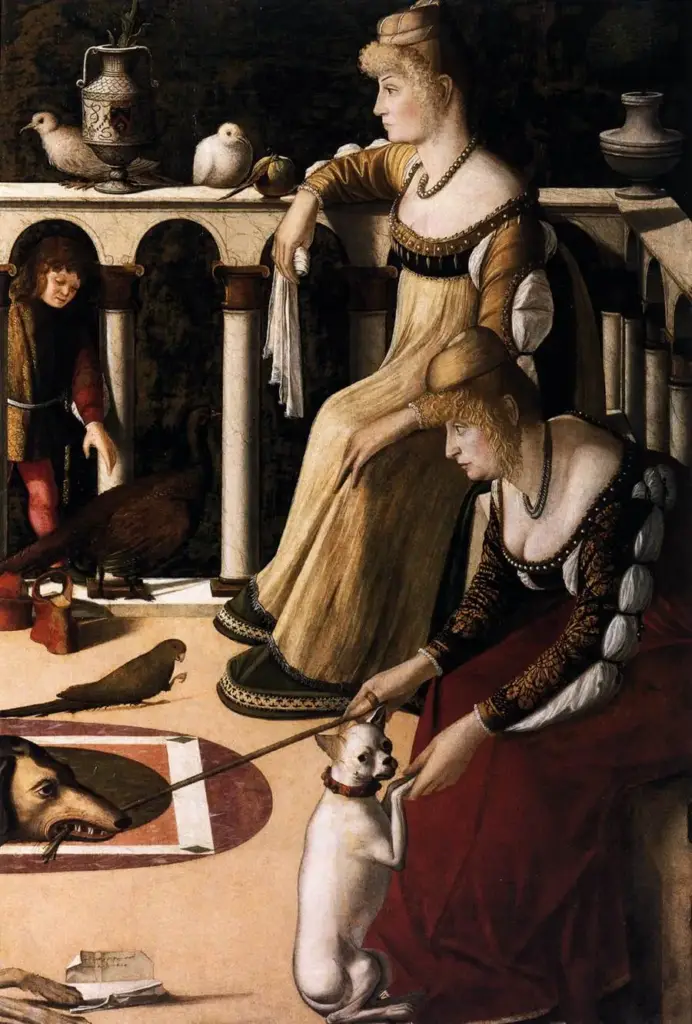 Vittore Carpaccio's painting from around 1490 of two Venetian ladies on a terrace, with a pair of red chopines on the floor at the left
