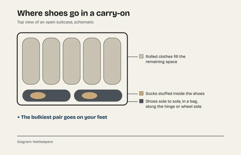 Diagram of how to pack shoes in a carry-on: sole to sole in a bag along the hinge or wheel side, with socks stuffed inside and rolled clothes filling the rest
