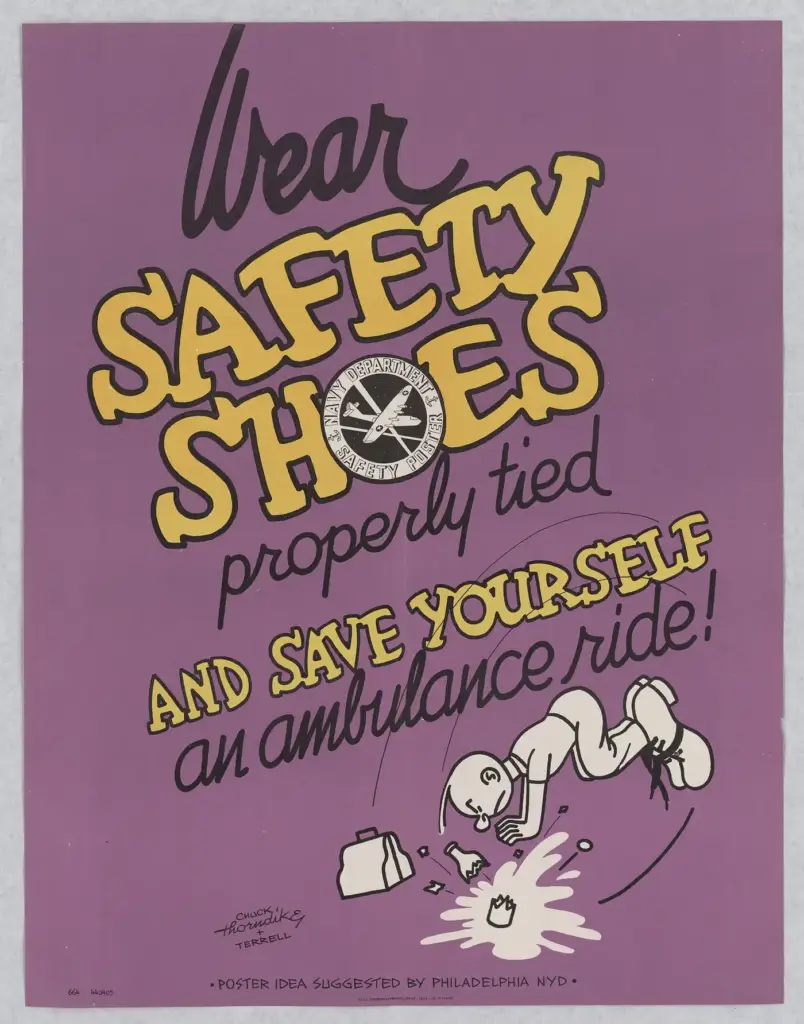 Cartel de la Segunda Guerra Mundial de la Oficina de Información de Guerra de Estados Unidos que pide llevar el calzado de seguridad bien atado