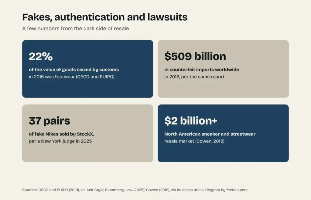 Diagram of numbers on counterfeits and resale: footwear's share of seizures, the value of fakes worldwide, the StockX case and the size of the resale market