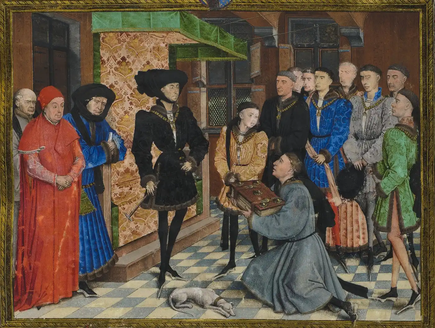 Miniatura de las Crónicas de Henao con la corte de Borgoña en poulaines