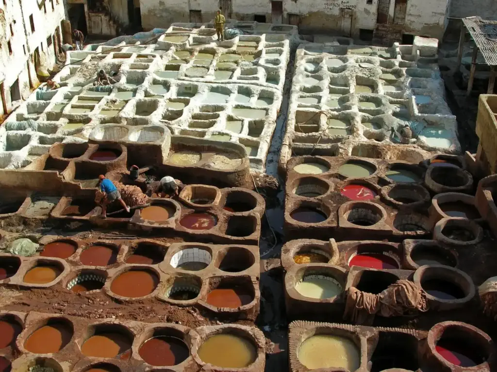 Vista general de una curtiduría de Fez, en Marruecos, con sus tinas de tinte de colores