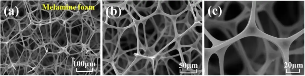 Electron microscope images of melamine foam, showing its network of struts and open cells at three magnifications