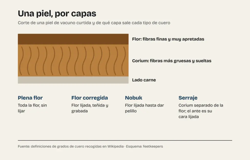 Esquema de las capas de una piel curtida, con la flor arriba, el corium debajo y el lado carne, y de qué capa salen la plena flor, la flor corregida, el nobuk y el serraje
