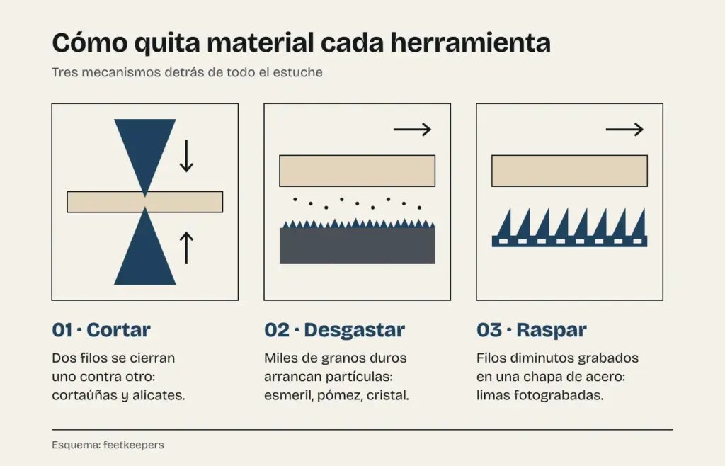 Esquema de los tres mecanismos de las herramientas de pedicura: cortar con dos filos, desgastar con granos abrasivos y raspar con filos grabados en acero