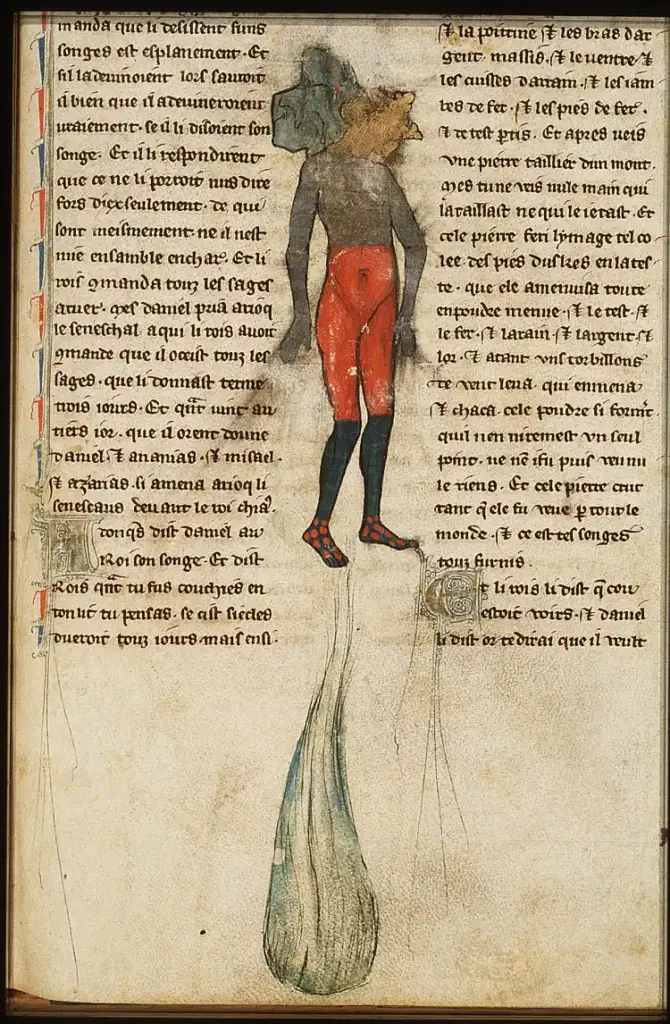 Ilustración medieval del sueño de Nabucodonosor, con la estatua de cabeza de oro y pies de barro, en un manuscrito de la Biblioteca Real de La Haya