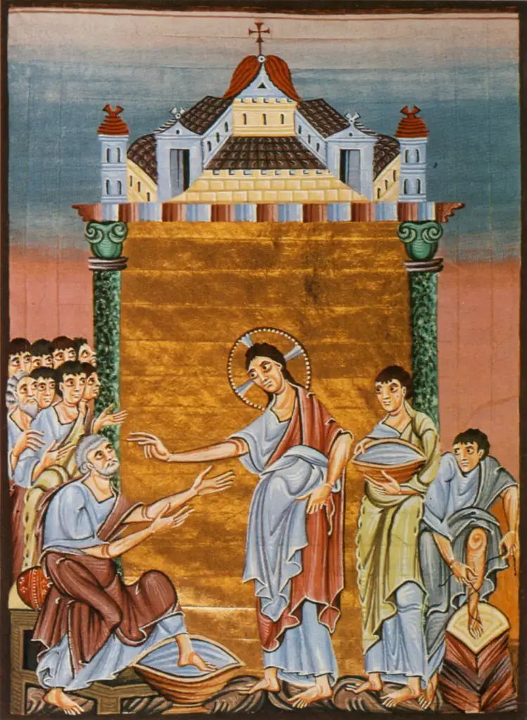 Cristo lavando los pies a los apóstoles en los Evangelios de Otón III, manuscrito de finales del siglo X o principios del XI conservado en la Biblioteca Estatal de Baviera