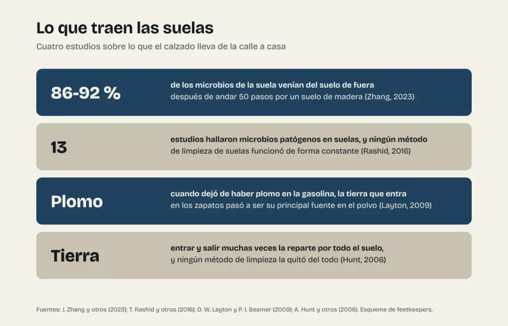 Esquema de cuatro estudios sobre lo que el calzado lleva de la calle a casa: microbios, plomo y tierra