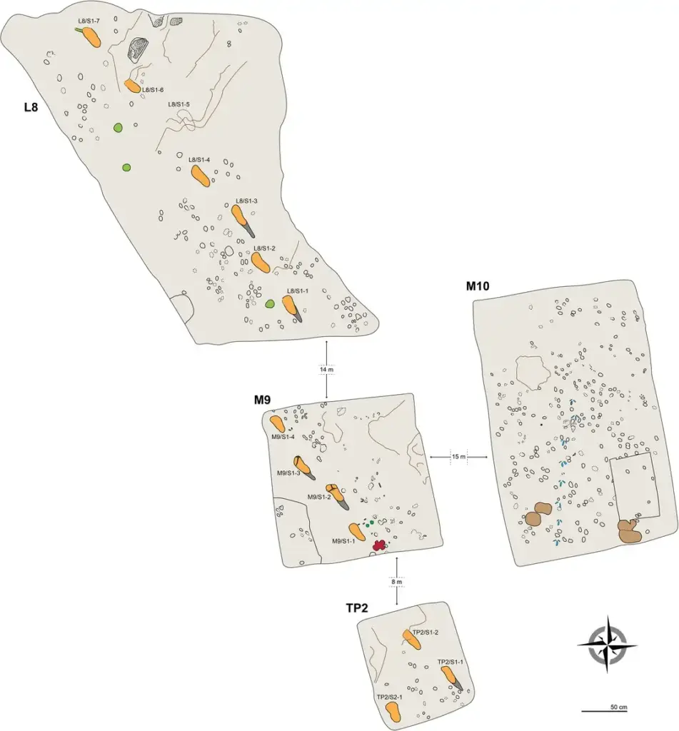 Mapa de las zanjas del yacimiento S de Laetoli con la posición de las huellas de los dos individuos, S1 y S2