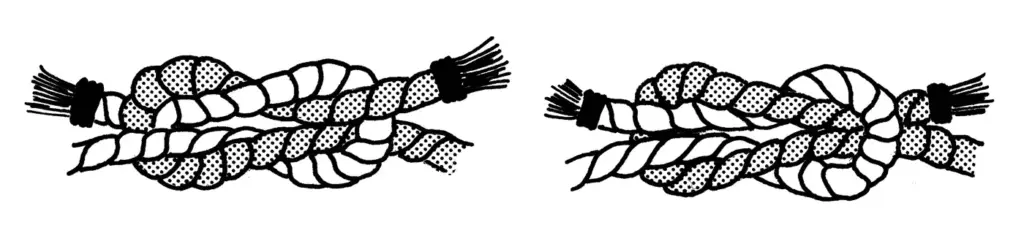 Illustration of the granny knot, the insecure knot often tied instead of a square knot
