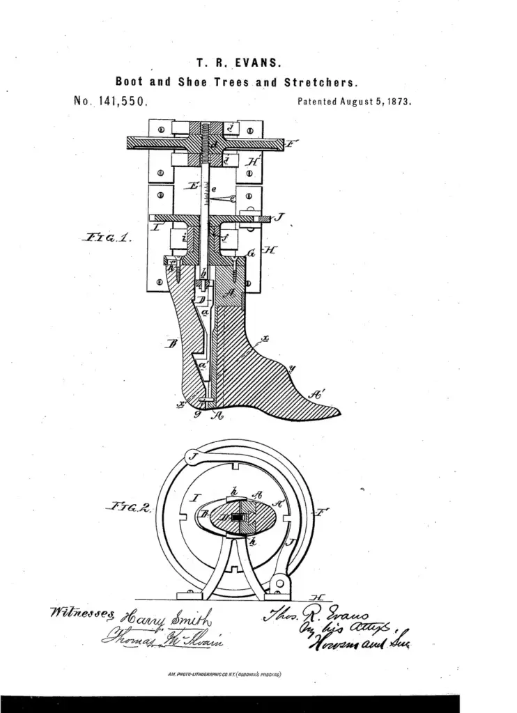 Dibujo de la patente estadounidense 141.550 de Thomas R. Evans, de 1873: ensanchador de botas con cuñas, volante y escala graduada