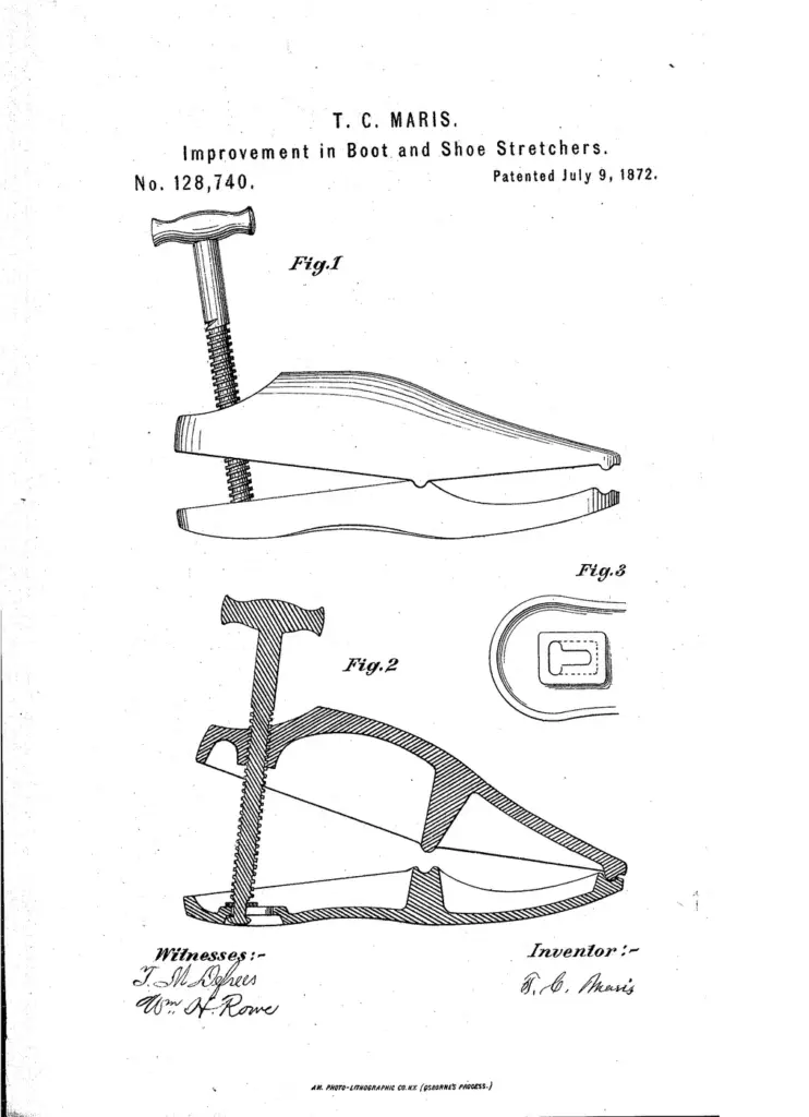 Dibujo de la patente estadounidense 128.740 de Thomas C. Maris, de 1872: horma ensanchadora de dos piezas con tornillo en el talón