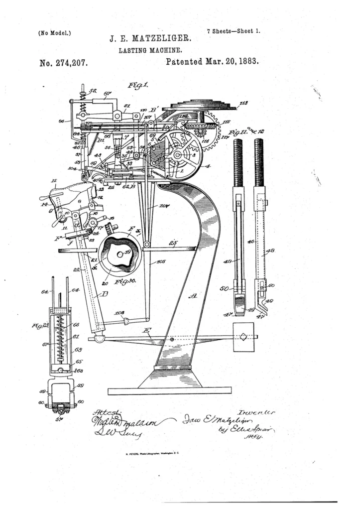 Primera página de la patente estadounidense 274.207 de Matzeliger, con el dibujo de su máquina de montar