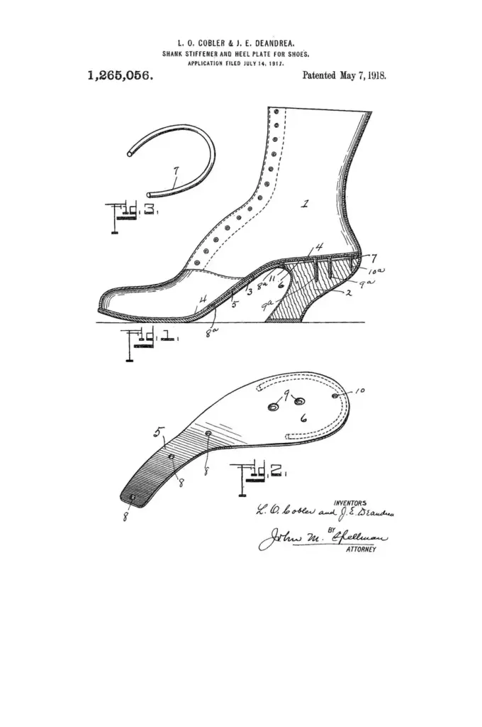 Dibujo de la patente estadounidense 1.265.056, concedida en 1918 a L. O. Cobler y J. E. Deandrea, con una bota de tacón y la pieza de refuerzo del enfranque que va de la planta al tacón