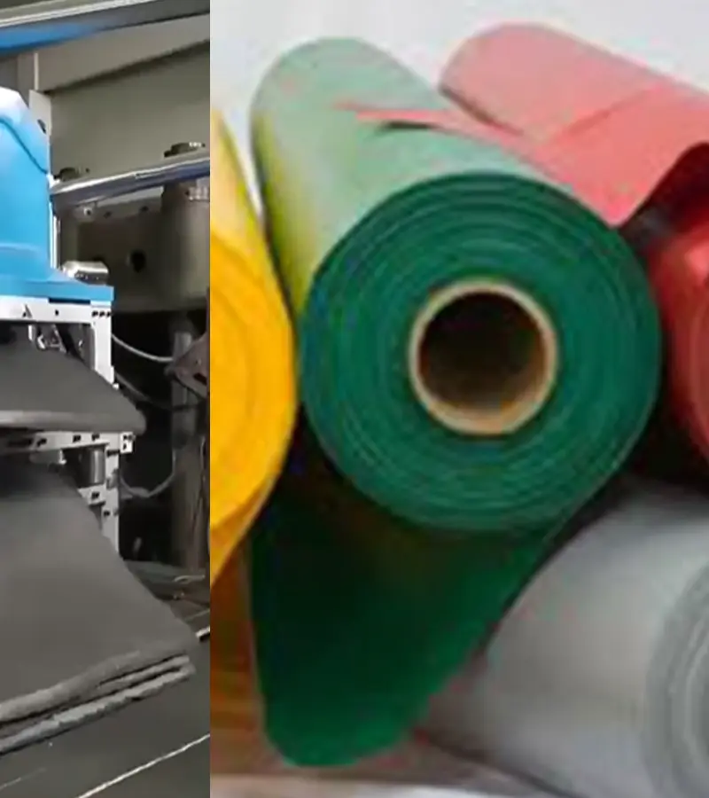 Industrial EVA foaming press with sheets of foam fresh out of the mold