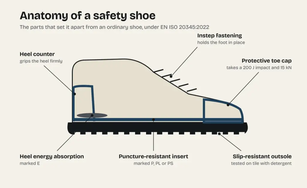 Diagram of a safety shoe's parts: toe cap, instep fastening, heel counter, puncture-resistant insert, slip-resistant outsole and heel energy absorption
