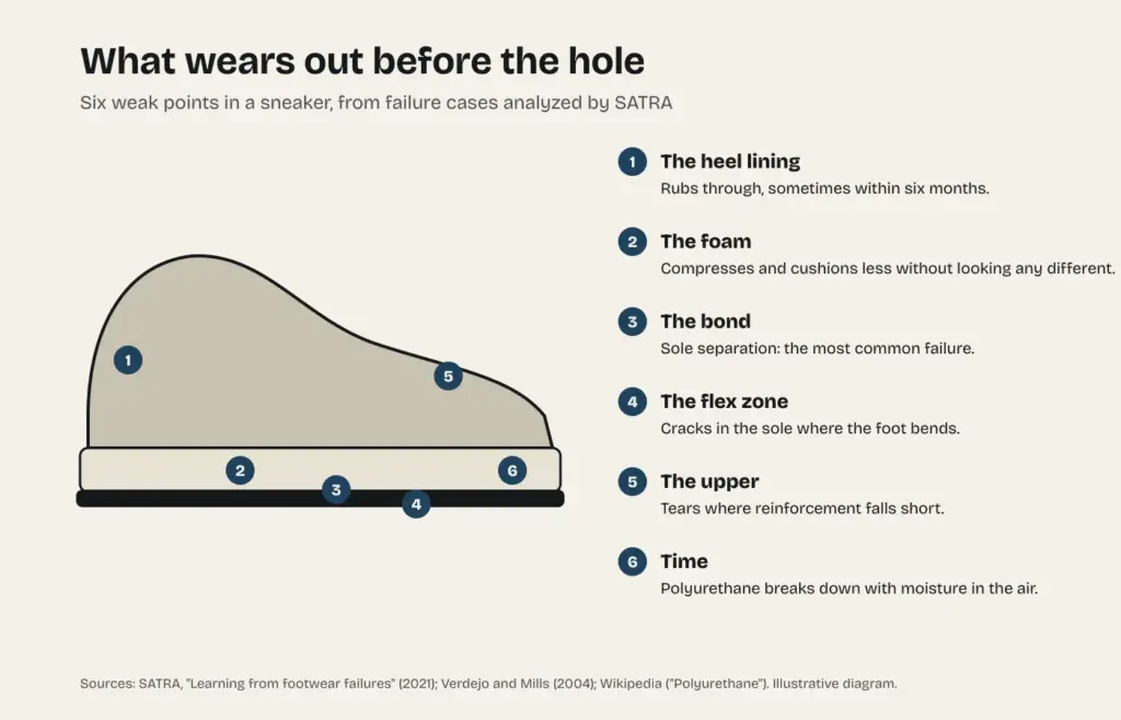 Diagram of six weak points in a sneaker: the heel lining, the foam, the sole bond, the flex zone, the upper and the passage of time