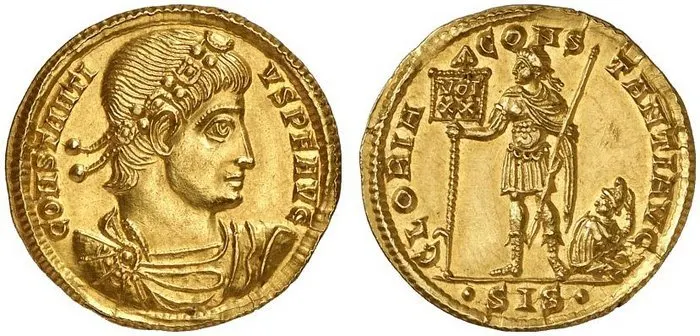 Moneda de oro, un sólido, del emperador romano Constancio II, acuñada en Siscia entre los años 337 y 340
