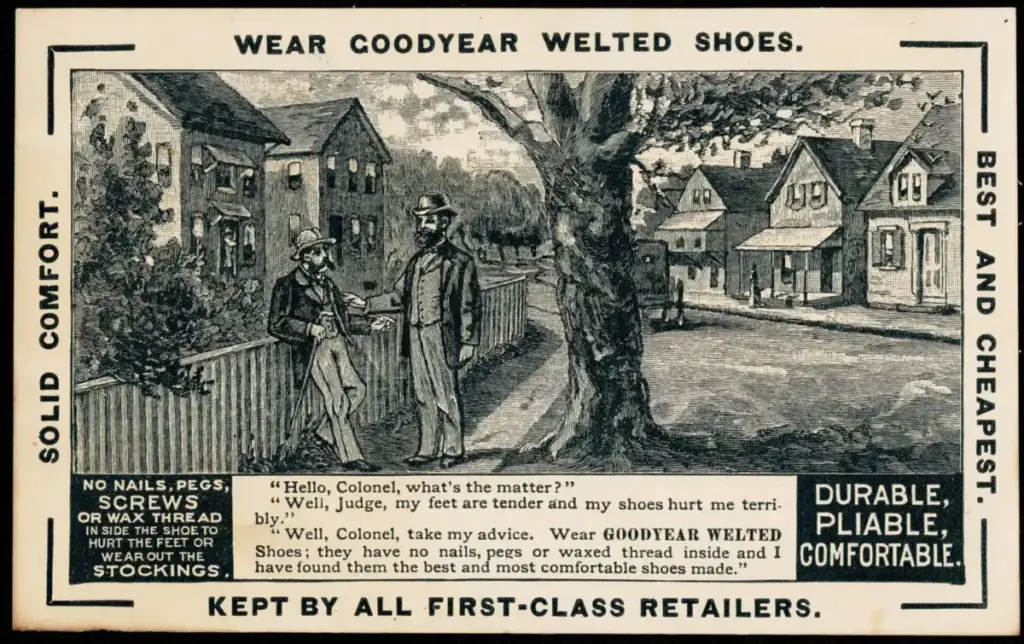 Tarjeta publicitaria estadounidense de finales del siglo XIX que anuncia zapatos con cosido Goodyear: «sin clavos, sin tachuelas, sin tornillos»