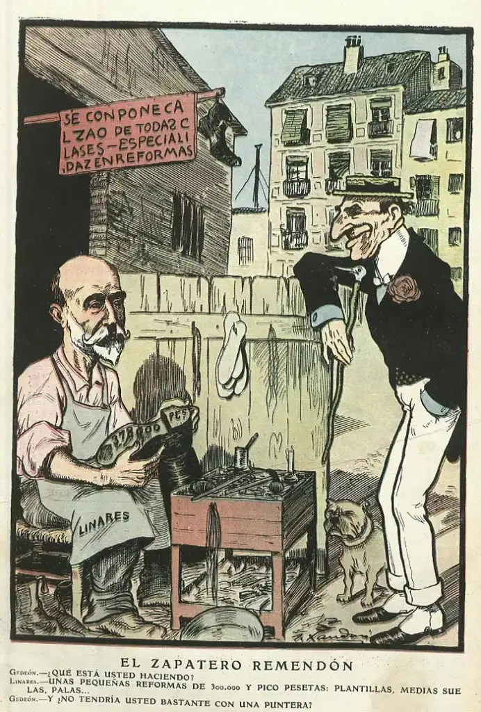 Viñeta «El zapatero remendón», de Joaquín Xaudaró, publicada en la revista satírica Gedeón en 1904