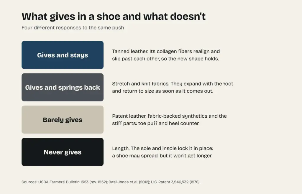 Chart of what gives in a shoe and what doesn't: tanned leather gives and stays, stretch fabrics give and spring back, patent leather and stiff parts barely give, and length never gives
