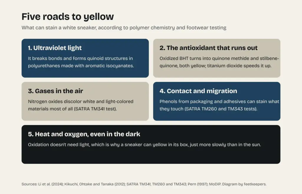 Diagram of five causes of yellowing in a white sneaker: UV light, oxidized antioxidants, air pollution, contact with packaging and adhesives, and heat and oxygen