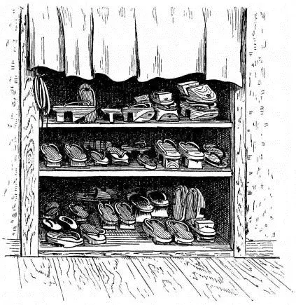 Dibujo de Edward S. Morse de un zapatero de pared con zuecos japoneses en una casa de Tokio, 1885
