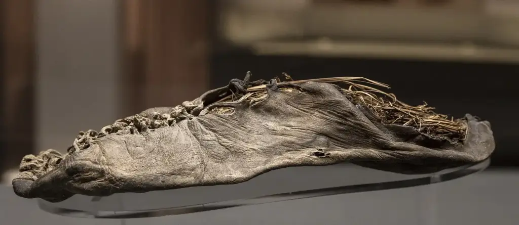 Zapato de cuero de la cueva de Areni-1, en Armenia, de hacia el 3500 antes de nuestra era, en el Museo de Historia de Armenia